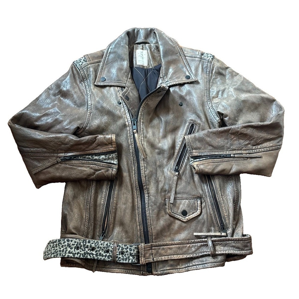 Free People Sz S Lamb Hide Leather Moto Jacket Brown Cheetah Print Belted